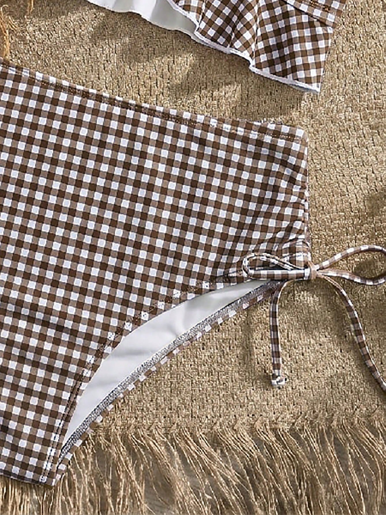 Swim Mod Women's Summer Beach Holiday Plaid Ruffle Trim Camisole Bikini Top