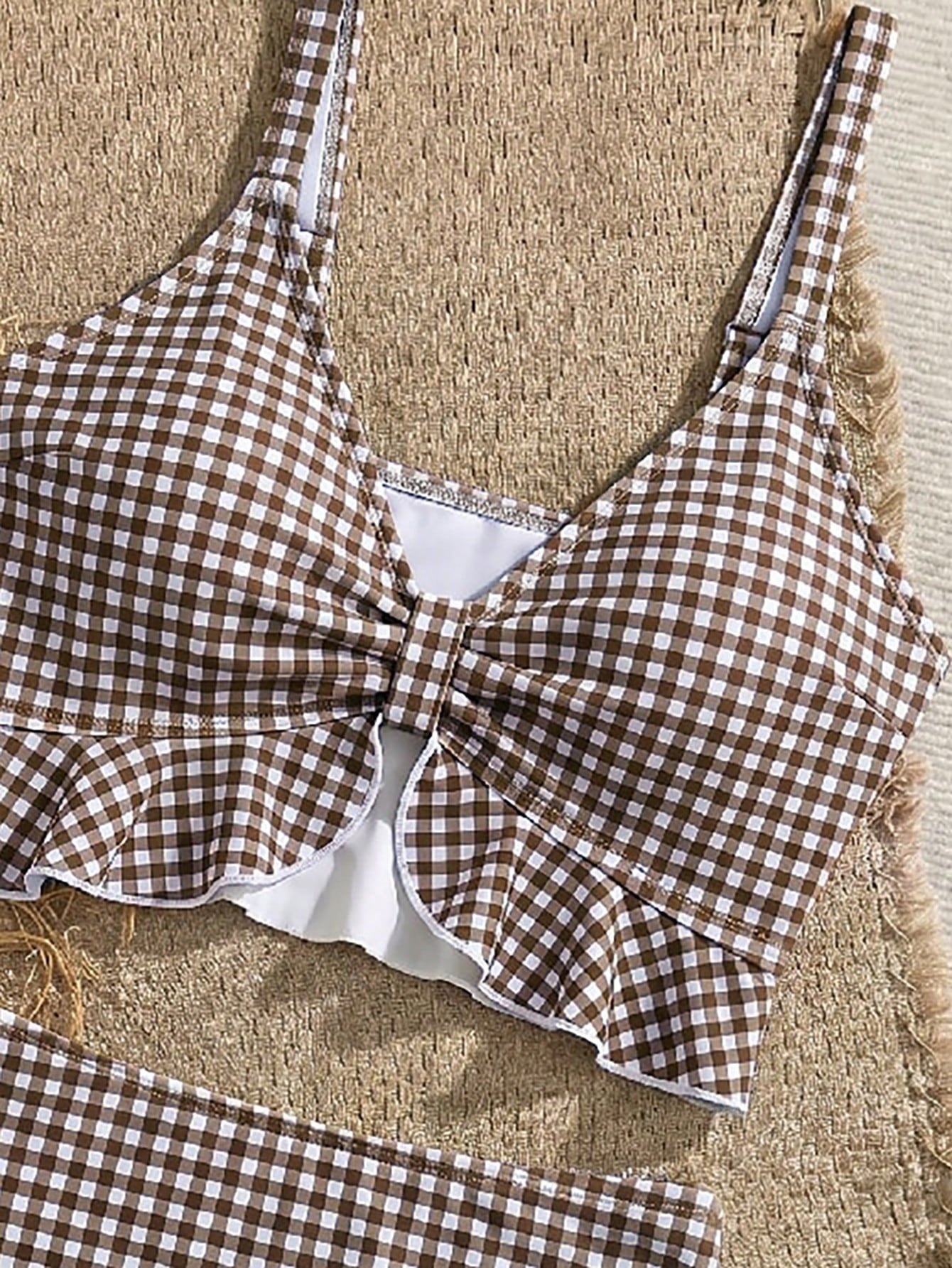 Swim Mod Women's Summer Beach Holiday Plaid Ruffle Trim Camisole Bikini Top