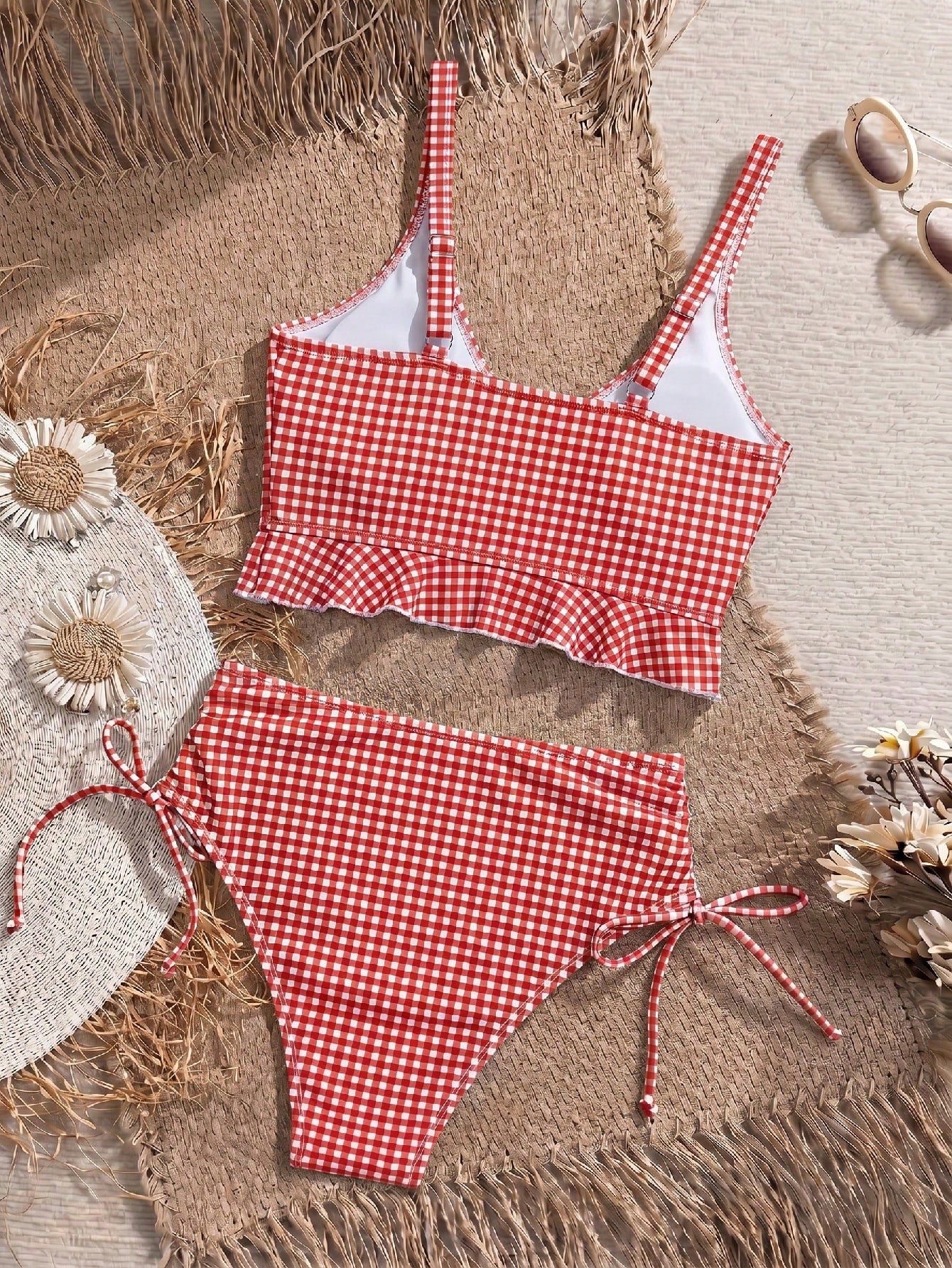 Swim Mod Women's Summer Beach Holiday Plaid Ruffle Trim Camisole Bikini
