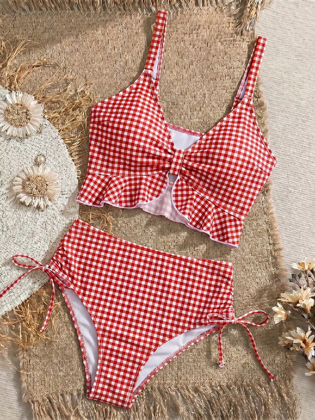 Swim Mod Women's Summer Beach Holiday Plaid Ruffle Trim Camisole Bikini