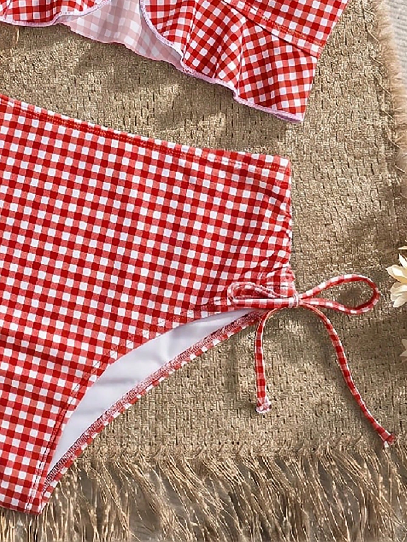Swim Mod Women's Summer Beach Holiday Plaid Ruffle Trim Camisole Bikini
