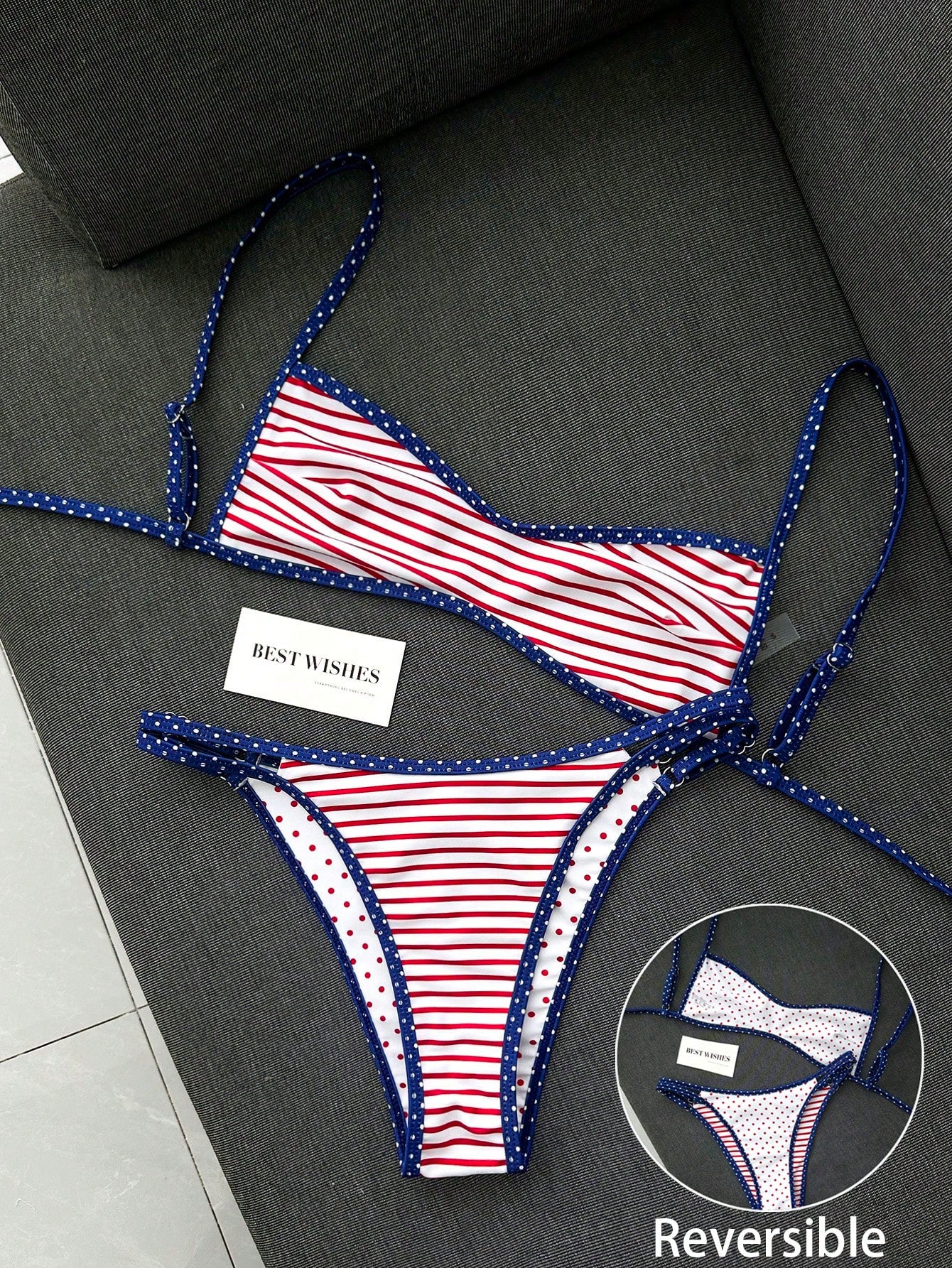 Swim Mod Women's Summer Beach Minimalist Elegant Romantic Casual Vacation Sexy Sweet Cute Fashionable Swimwear Set, All-Match Versatile Striped Polka Dot Colorblock Print, Double-Sided Print Reversibl