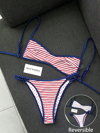 Swim Mod Women's Summer Beach Minimalist Elegant Romantic Casual Vacation Sexy Sweet Cute Fashionable Swimwear Set, All-Match Versatile Striped Polka Dot Colorblock Print, Double-Sided Print Reversibl