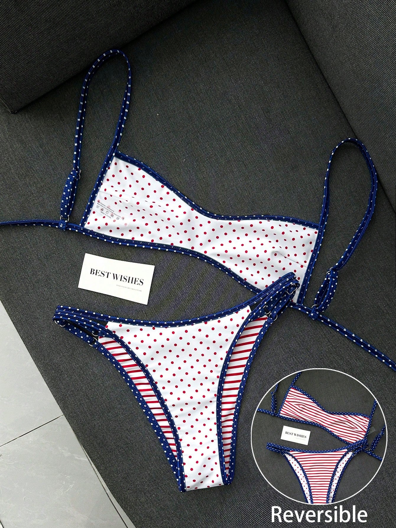 Swim Mod Women's Summer Beach Minimalist Elegant Romantic Casual Vacation Sexy Sweet Cute Fashionable Swimwear Set, All-Match Versatile Striped Polka Dot Colorblock Print, Double-Sided Print Reversibl