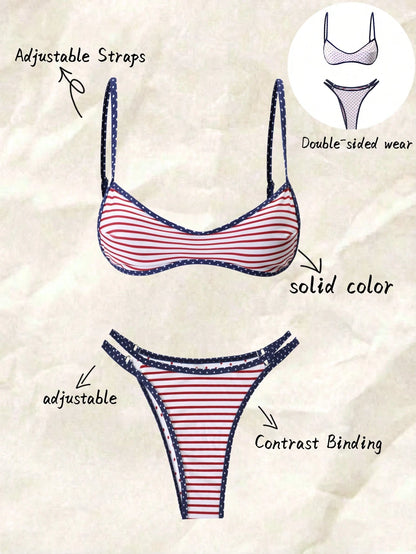 Swim Mod Women's Summer Beach Minimalist Elegant Romantic Casual Vacation Sexy Sweet Cute Fashionable Swimwear Set, All-Match Versatile Striped Polka Dot Colorblock Print, Double-Sided Print Reversibl