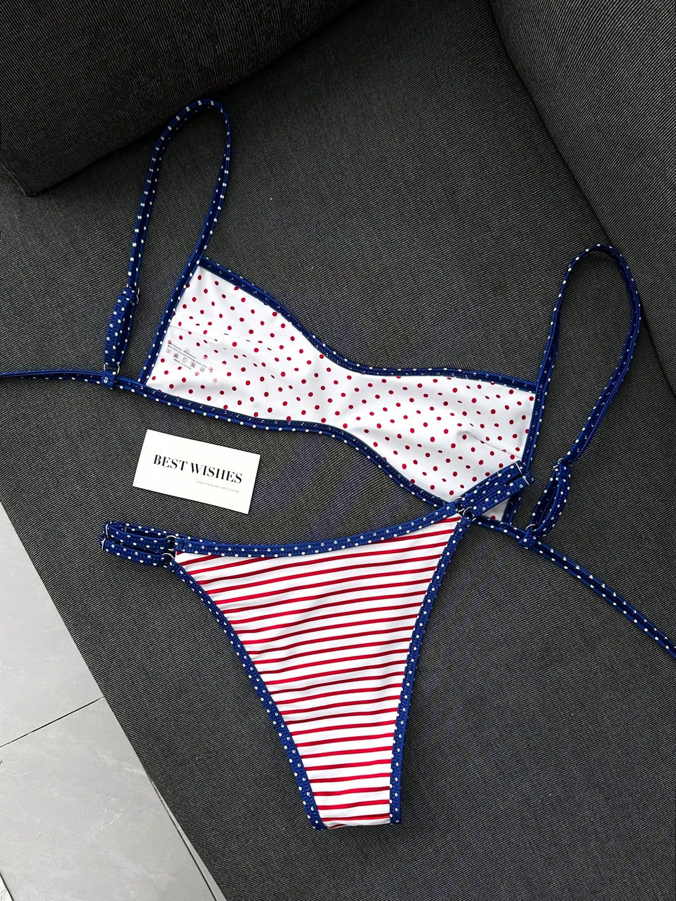 Swim Mod Women's Summer Beach Minimalist Elegant Romantic Casual Vacation Sexy Sweet Cute Fashionable Swimwear Set, All-Match Versatile Striped Polka Dot Colorblock Print, Double-Sided Print Reversibl