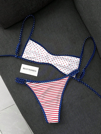 Swim Mod Women's Summer Beach Minimalist Elegant Romantic Casual Vacation Sexy Sweet Cute Fashionable Swimwear Set, All-Match Versatile Striped Polka Dot Colorblock Print, Double-Sided Print Reversibl