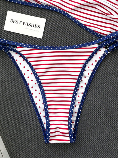 Swim Mod Women's Summer Beach Minimalist Elegant Romantic Casual Vacation Sexy Sweet Cute Fashionable Swimwear Set, All-Match Versatile Striped Polka Dot Colorblock Print, Double-Sided Print Reversibl