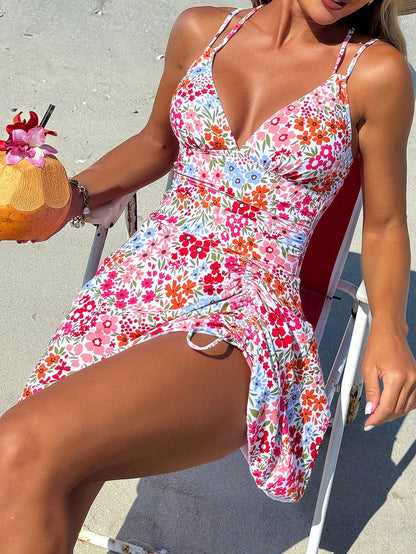 Swim Mod Women's Summer Beach Outfit With Floral Print, Drawstring Cross Straps, V-Neck, Ruched Skirt Shorts, Sexy Swim Skirt For Vacation
