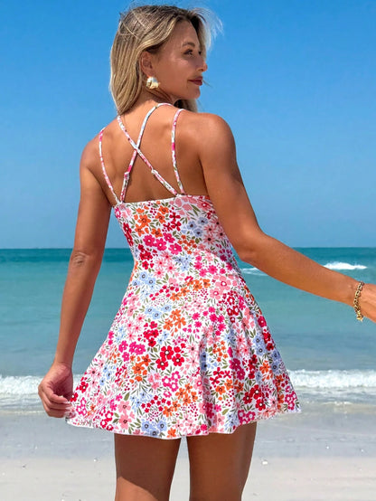 Swim Mod Women's Summer Beach Outfit With Floral Print, Drawstring Cross Straps, V-Neck, Ruched Skirt Shorts, Sexy Swim Skirt For Vacation
