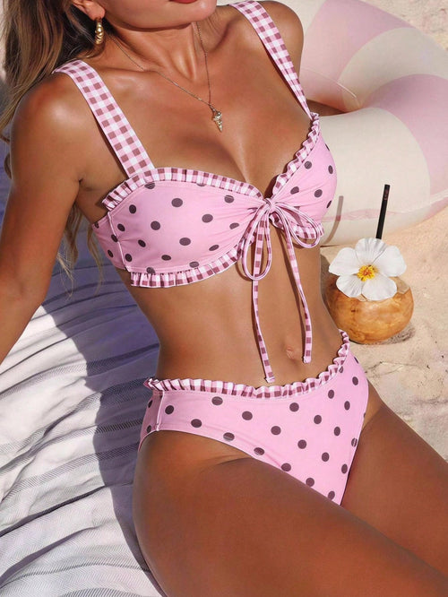 Swim Mod Women's Summer Beach Polka Dot Plaid Ruched Bikini Top And Triangle Bottom Two-Piece Swimsuit Set Pink And Black Polka Dot And Polka Dot Cute Cute