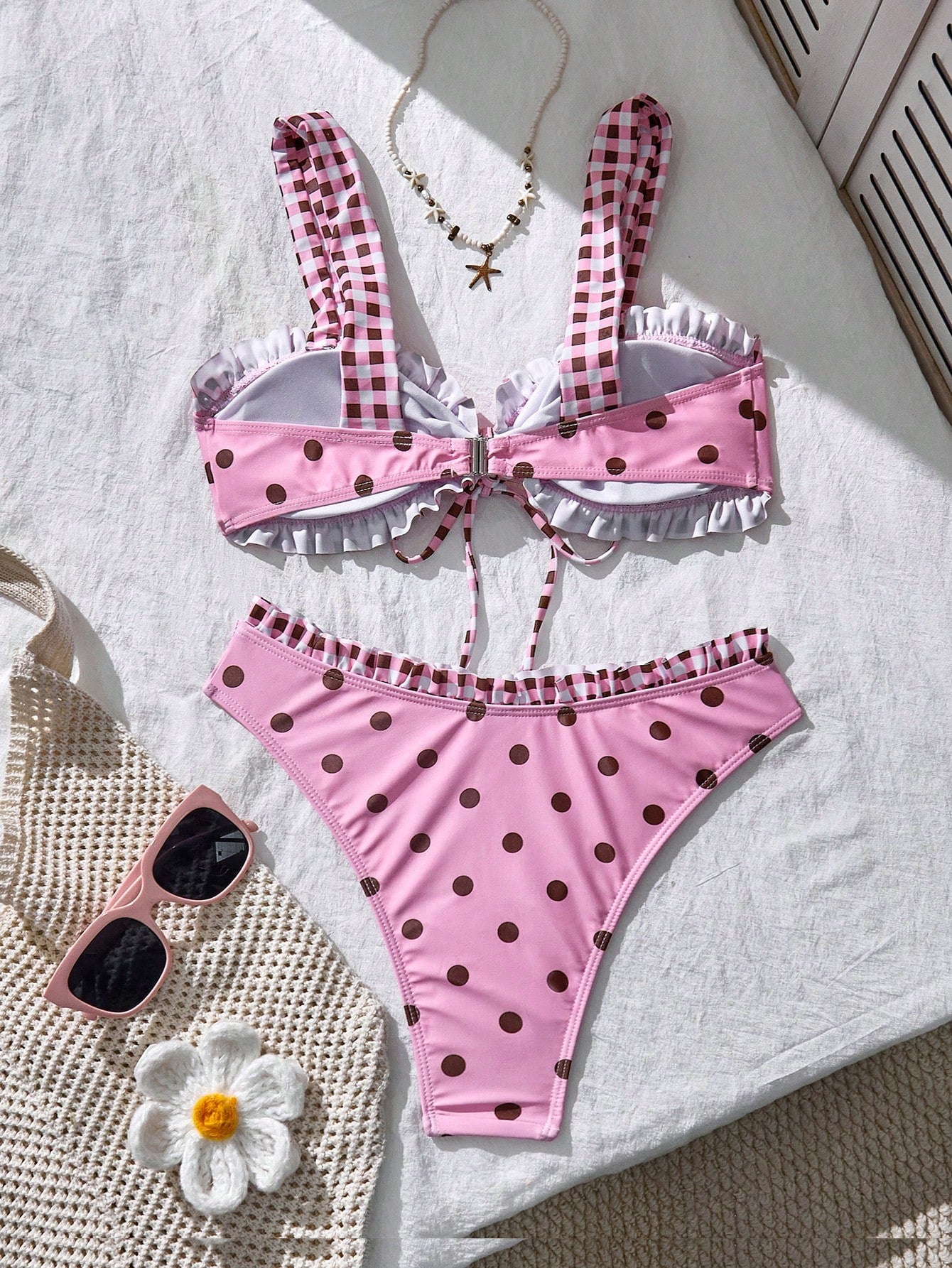 Swim Mod Women's Summer Beach Polka Dot Plaid Ruched Bikini Top And Triangle Bottom Two-Piece Swimsuit Set Pink And Black Polka Dot And Polka Dot Cute Cute