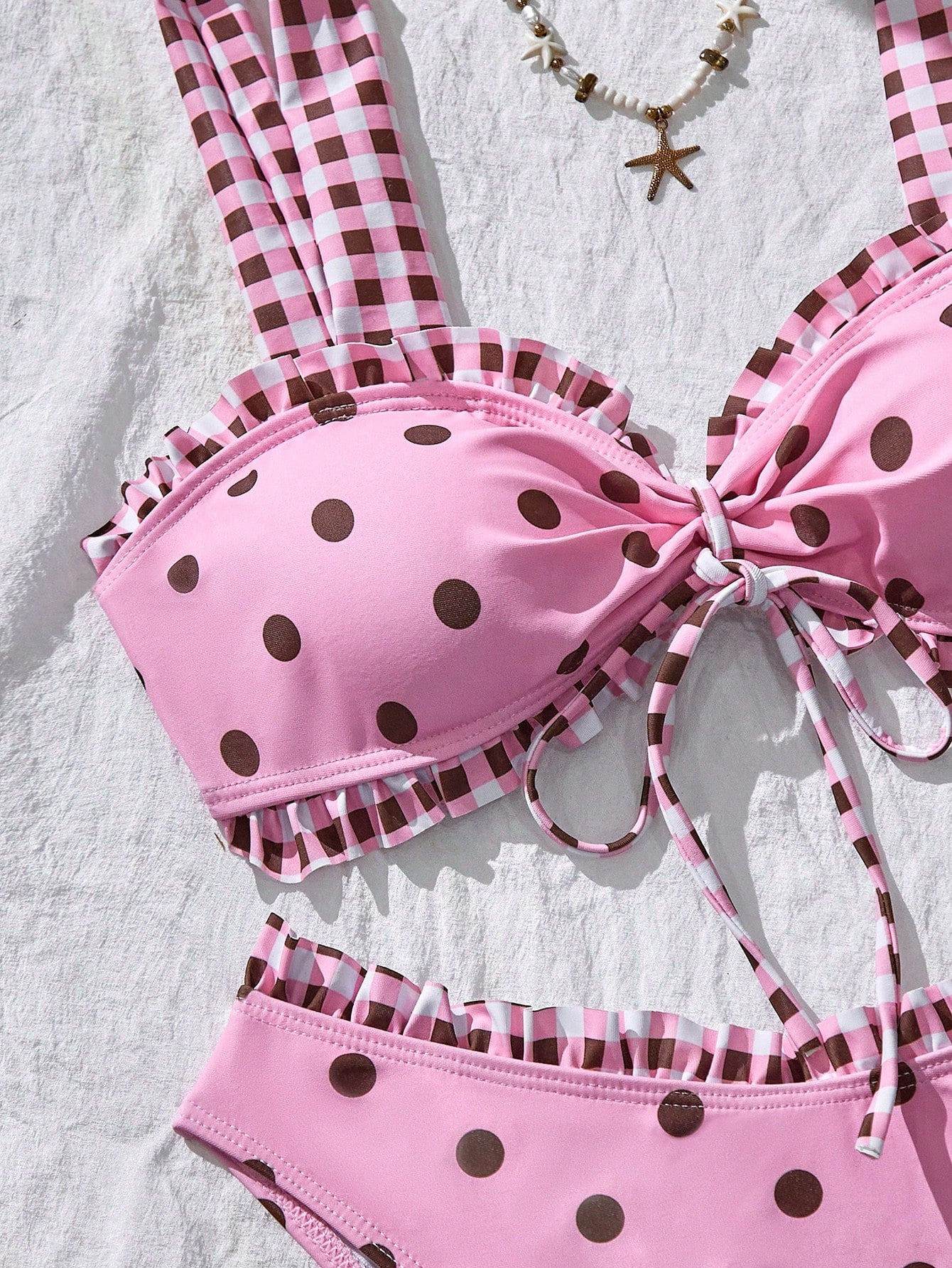 Swim Mod Women's Summer Beach Polka Dot Plaid Ruched Bikini Top And Triangle Bottom Two-Piece Swimsuit Set Pink And Black Polka Dot And Polka Dot Cute Cute