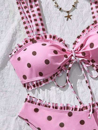 Swim Mod Women's Summer Beach Polka Dot Plaid Ruched Bikini Top And Triangle Bottom Two-Piece Swimsuit Set Pink And Black Polka Dot And Polka Dot Cute Cute