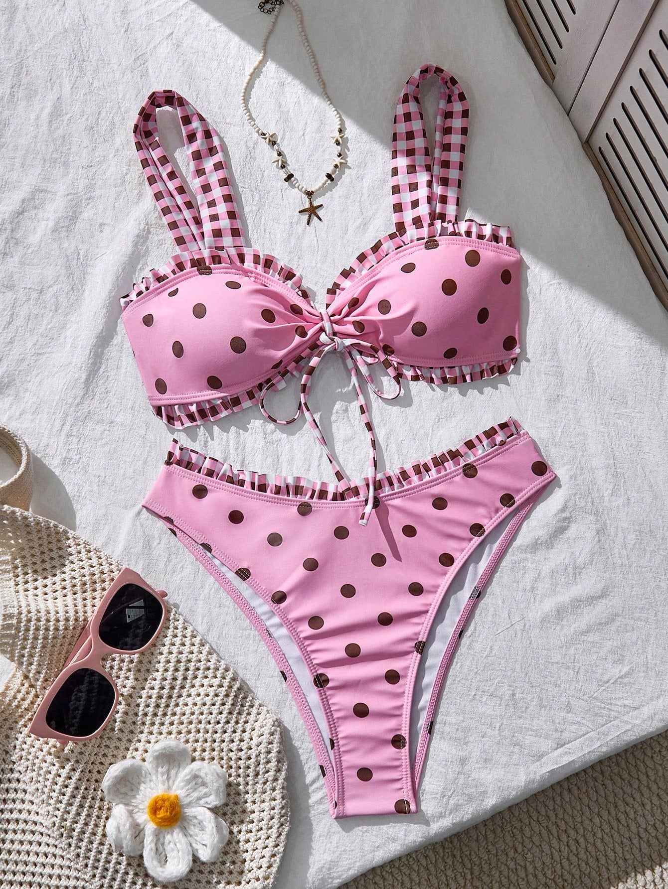 Swim Mod Women's Summer Beach Polka Dot Plaid Ruched Bikini Top And Triangle Bottom Two-Piece Swimsuit Set Pink And Black Polka Dot And Polka Dot Cute Cute
