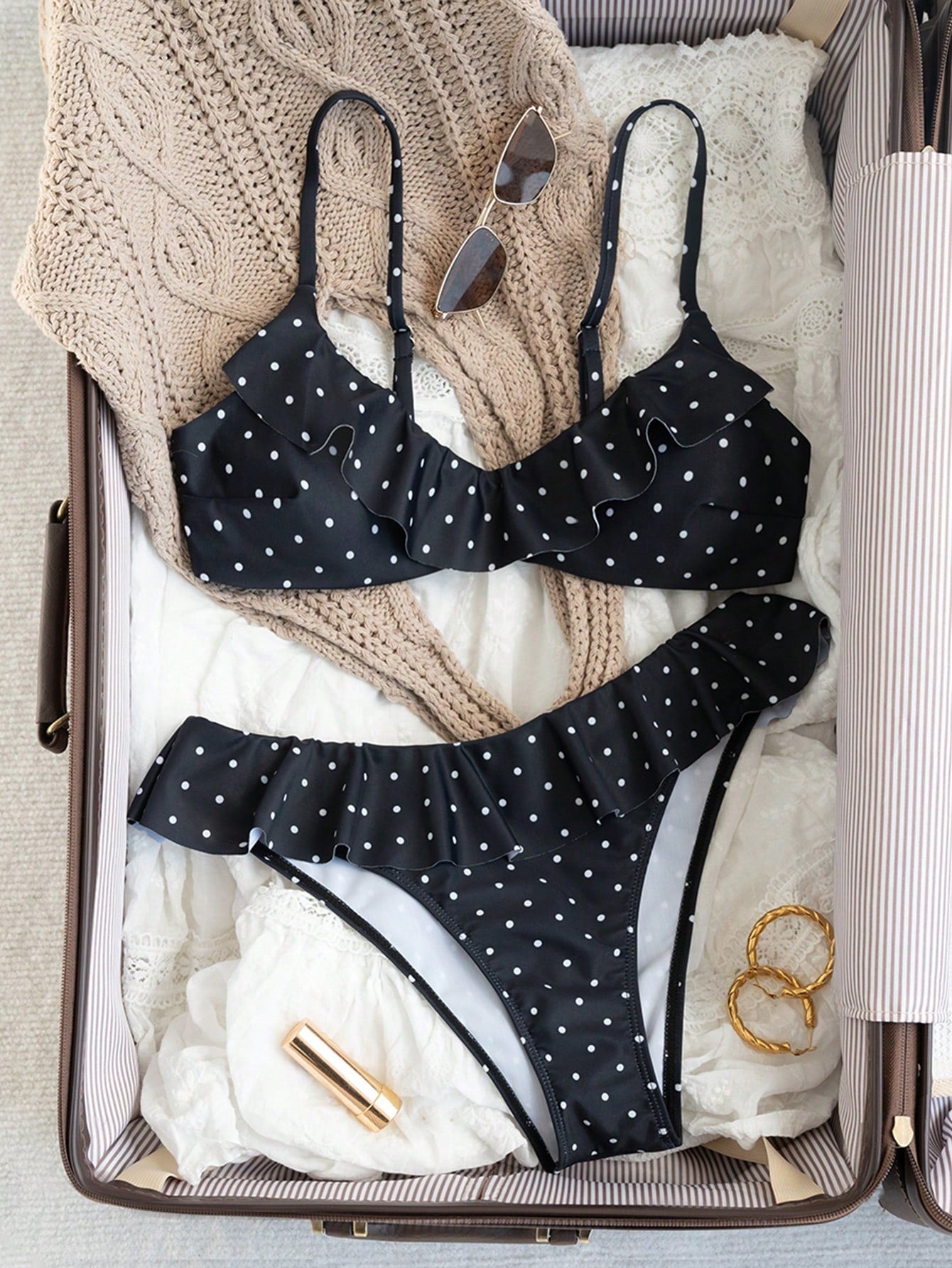 Swim Mod Women's Summer Beach Polka Dot Ruffle Trim Sexy Bikini Set Swimming Polka Dots Vacation