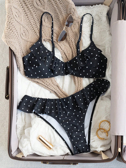 Swim Mod Women's Summer Beach Polka Dot Ruffle Trim Sexy Bikini Set Swimming Polka Dots Vacation