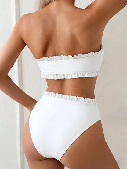 Swim Mod Women's Summer Beach Pool Party Solid Color Ruffle Trim Bandeau Bikini Set With Front Knot, Two Pieces Swimwear White Bathing Suits Cute
