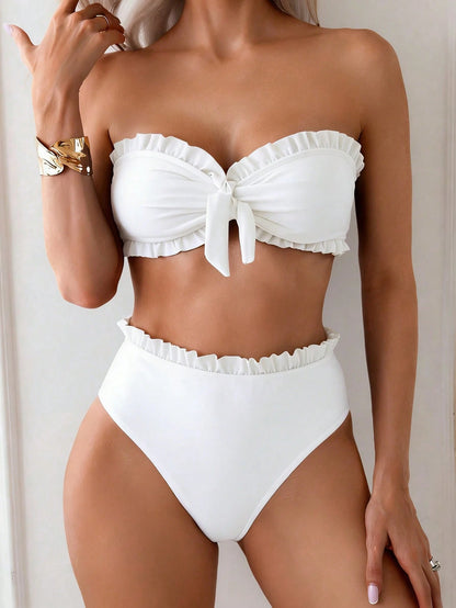 Swim Mod Women's Summer Beach Pool Party Solid Color Ruffle Trim Bandeau Bikini Set With Front Knot, Two Pieces Swimwear White Bathing Suits Cute