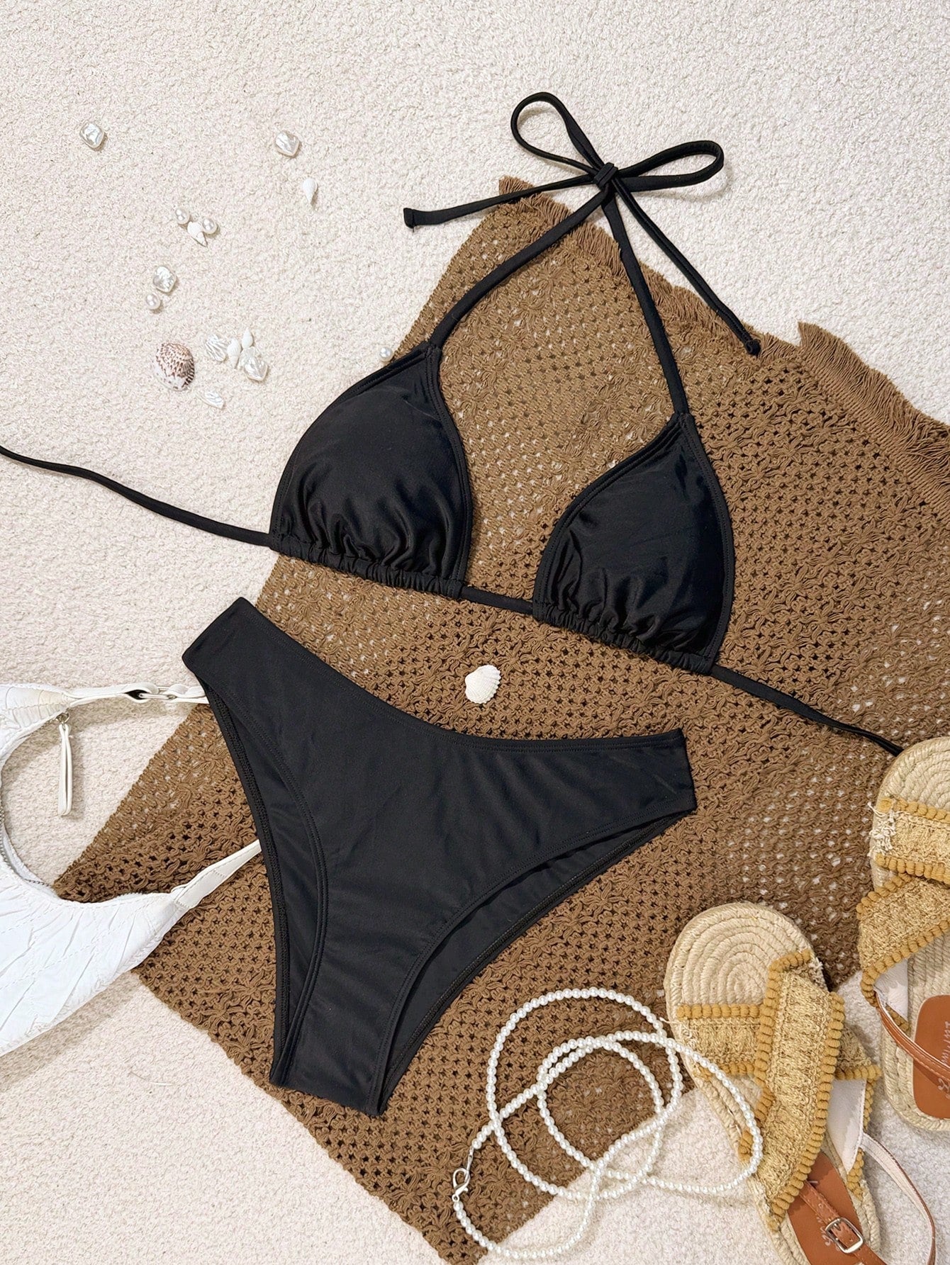 Swim Mod Women's Summer Beach Solid Color Halter Tie Sexy Bikini And Triangle Panty Swimwear Set Holiday Outfits For Women Bikini Womans Bikini Sets