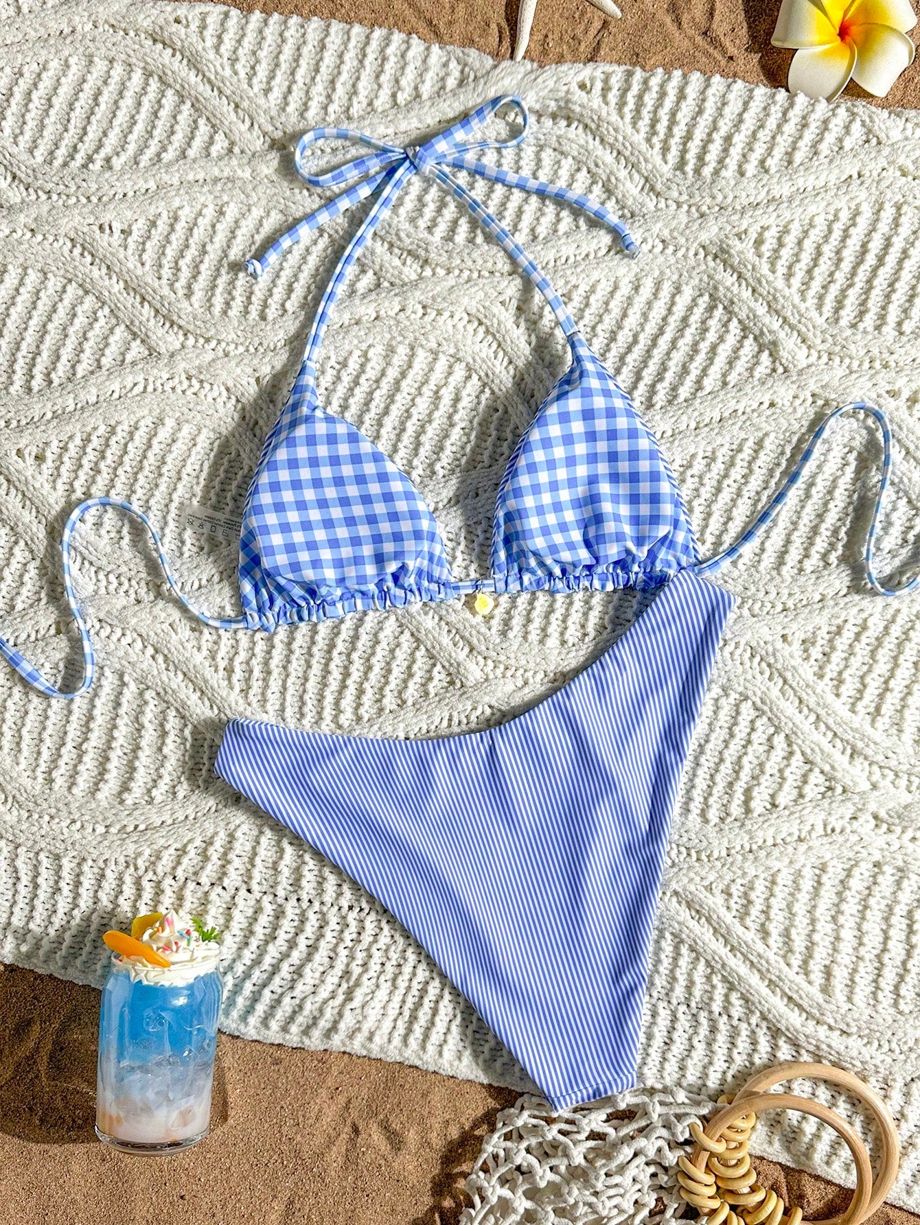 Swim Mod Women's Summer Beach Striped Halter Neck Tie Sexy Fashion Bikini Two-Piece Swimsuit Set,Blue And White Striped Reversible Two-Piece Swimsuit Set