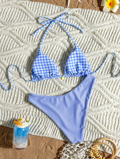 Swim Mod Women's Summer Beach Striped Halter Neck Tie Sexy Fashion Bikini Two-Piece Swimsuit Set,Blue And White Striped Reversible Two-Piece Swimsuit Set