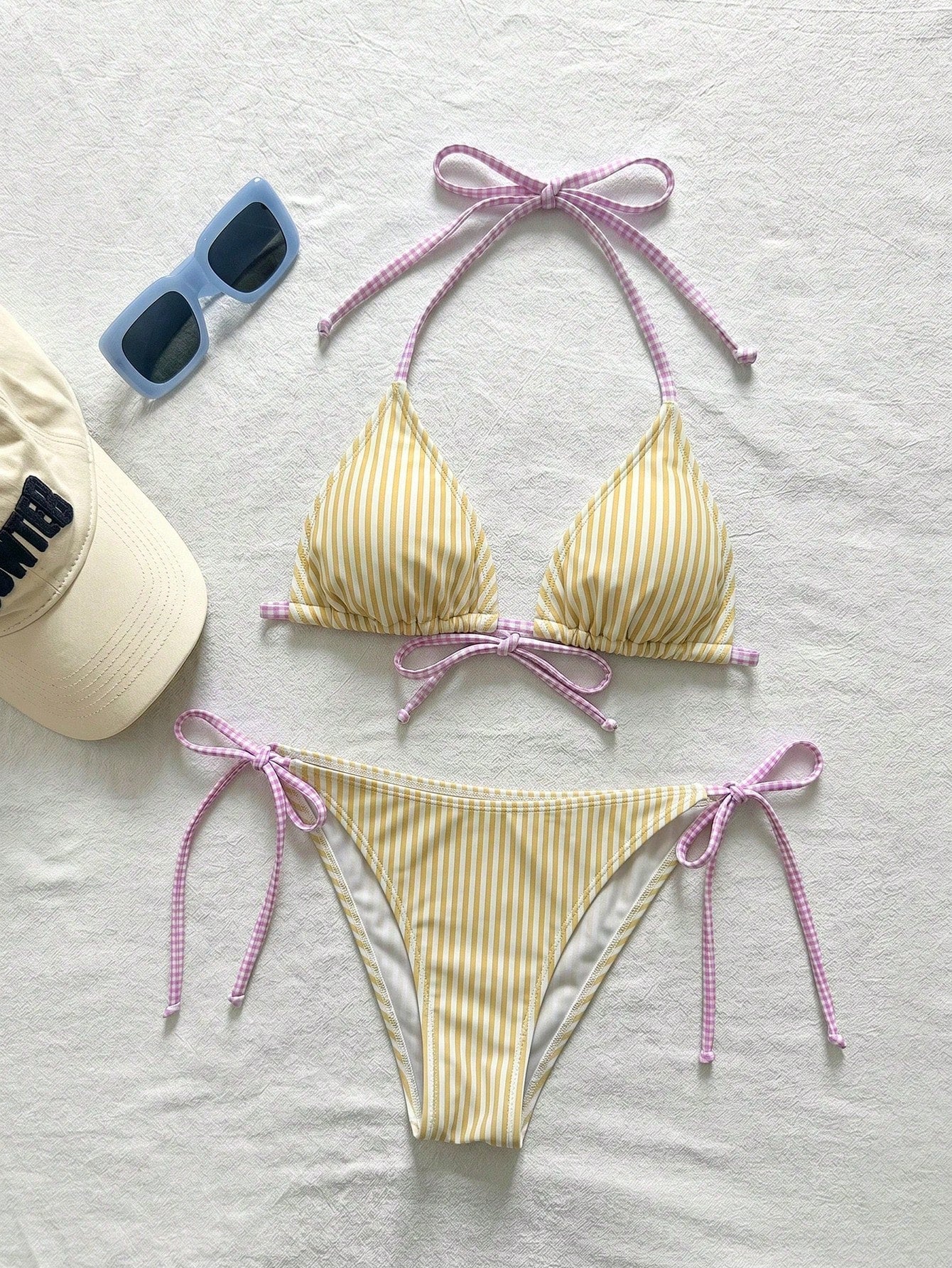 Swim Mod Women's Summer Beach Striped Halter Neck Tie Sexy Fashion Bikini Two-Piece Swimsuit Set