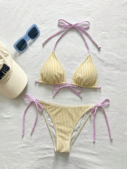 Swim Mod Women's Summer Beach Striped Halter Neck Tie Sexy Fashion Bikini Two-Piece Swimsuit Set