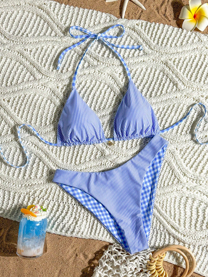 Swim Mod Women's Summer Beach Striped Halter Neck Tie Sexy Fashion Bikini Two-Piece Swimsuit Set,Blue And White Striped Reversible Two-Piece Swimsuit Set