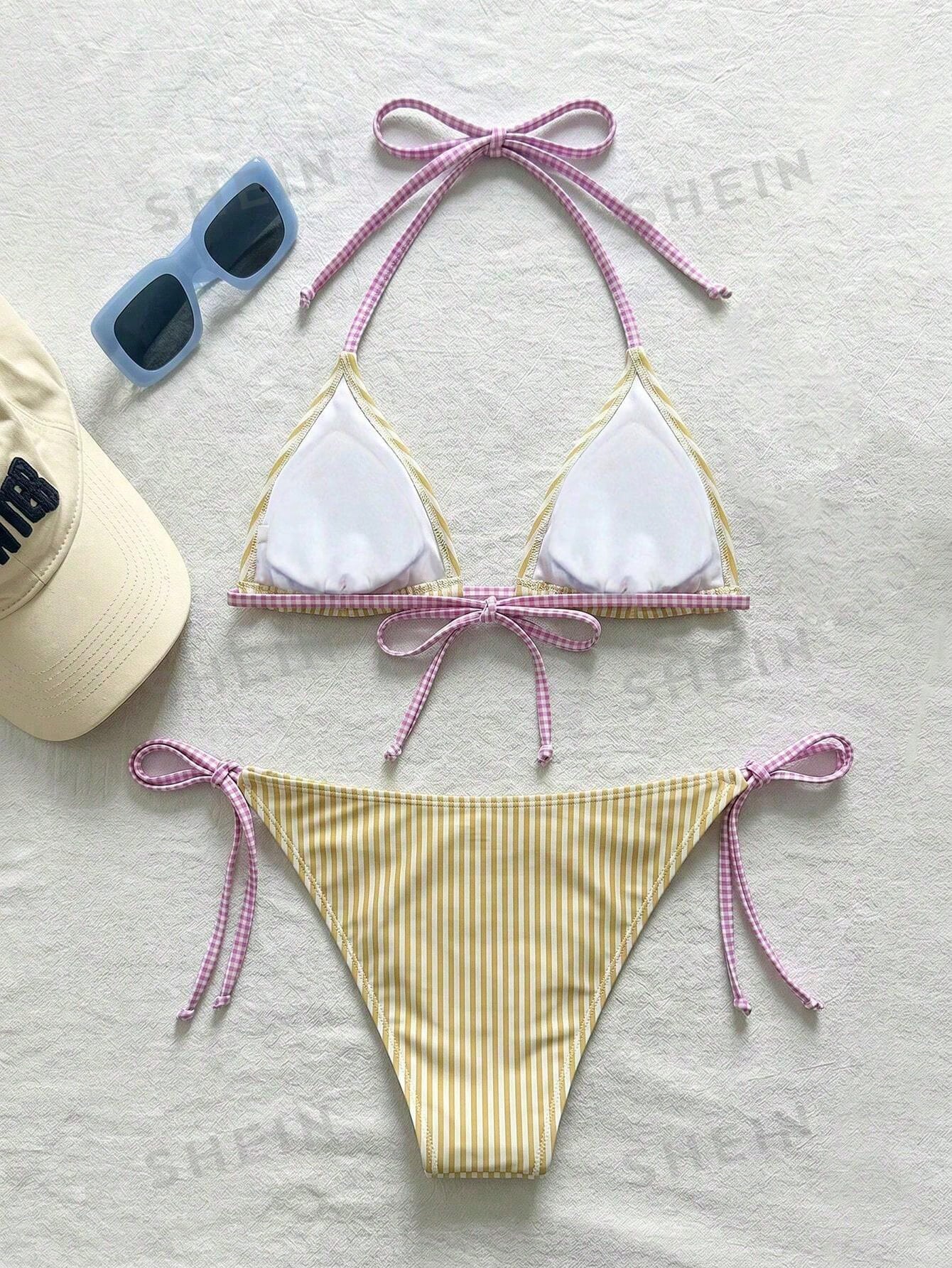 Swim Mod Women's Summer Beach Striped Halter Neck Tie Sexy Fashion Bikini Two-Piece Swimsuit Set
