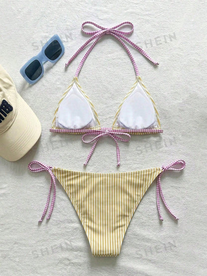 Swim Mod Women's Summer Beach Striped Halter Neck Tie Sexy Fashion Bikini Two-Piece Swimsuit Set