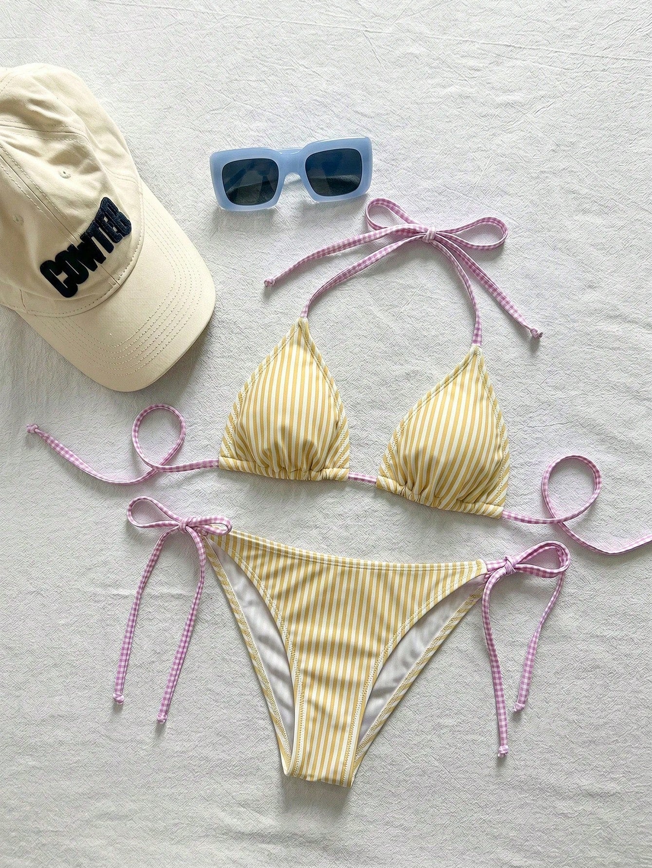 Swim Mod Women's Summer Beach Striped Halter Neck Tie Sexy Fashion Bikini Two-Piece Swimsuit Set