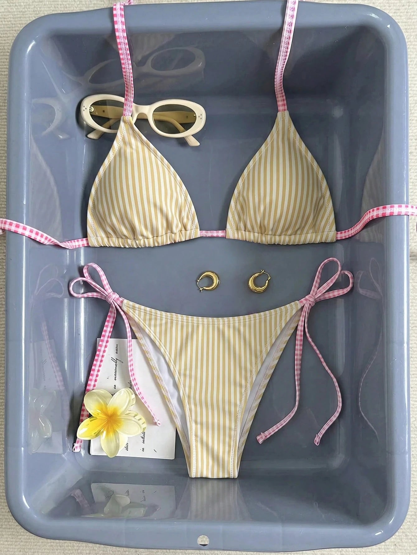 Swim Mod Women's Summer Beach Striped Halter Neck Tie Sexy Fashion Bikini Two-Piece Swimsuit Set