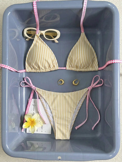 Swim Mod Women's Summer Beach Striped Halter Neck Tie Sexy Fashion Bikini Two-Piece Swimsuit Set