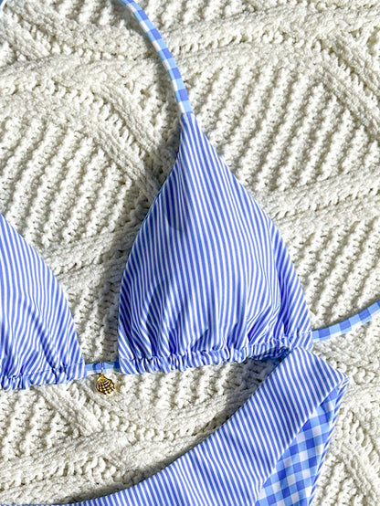 Swim Mod Women's Summer Beach Striped Halter Neck Tie Sexy Fashion Bikini Two-Piece Swimsuit Set,Blue And White Striped Reversible Two-Piece Swimsuit Set