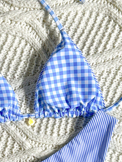 Swim Mod Women's Summer Beach Striped Halter Neck Tie Sexy Fashion Bikini Two-Piece Swimsuit Set,Blue And White Striped Reversible Two-Piece Swimsuit Set