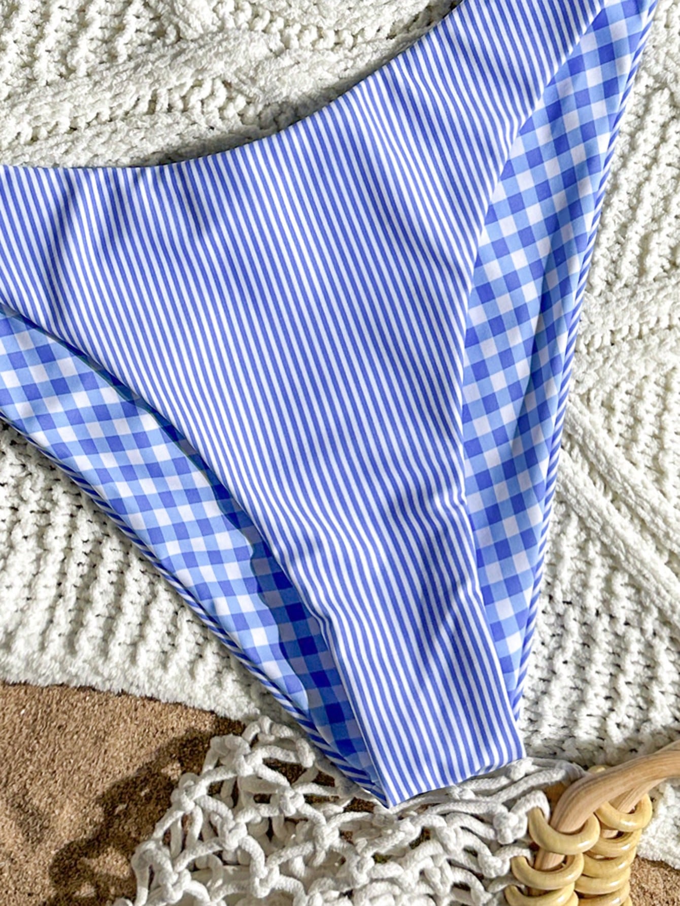 Swim Mod Women's Summer Beach Striped Halter Neck Tie Sexy Fashion Bikini Two-Piece Swimsuit Set,Blue And White Striped Reversible Two-Piece Swimsuit Set
