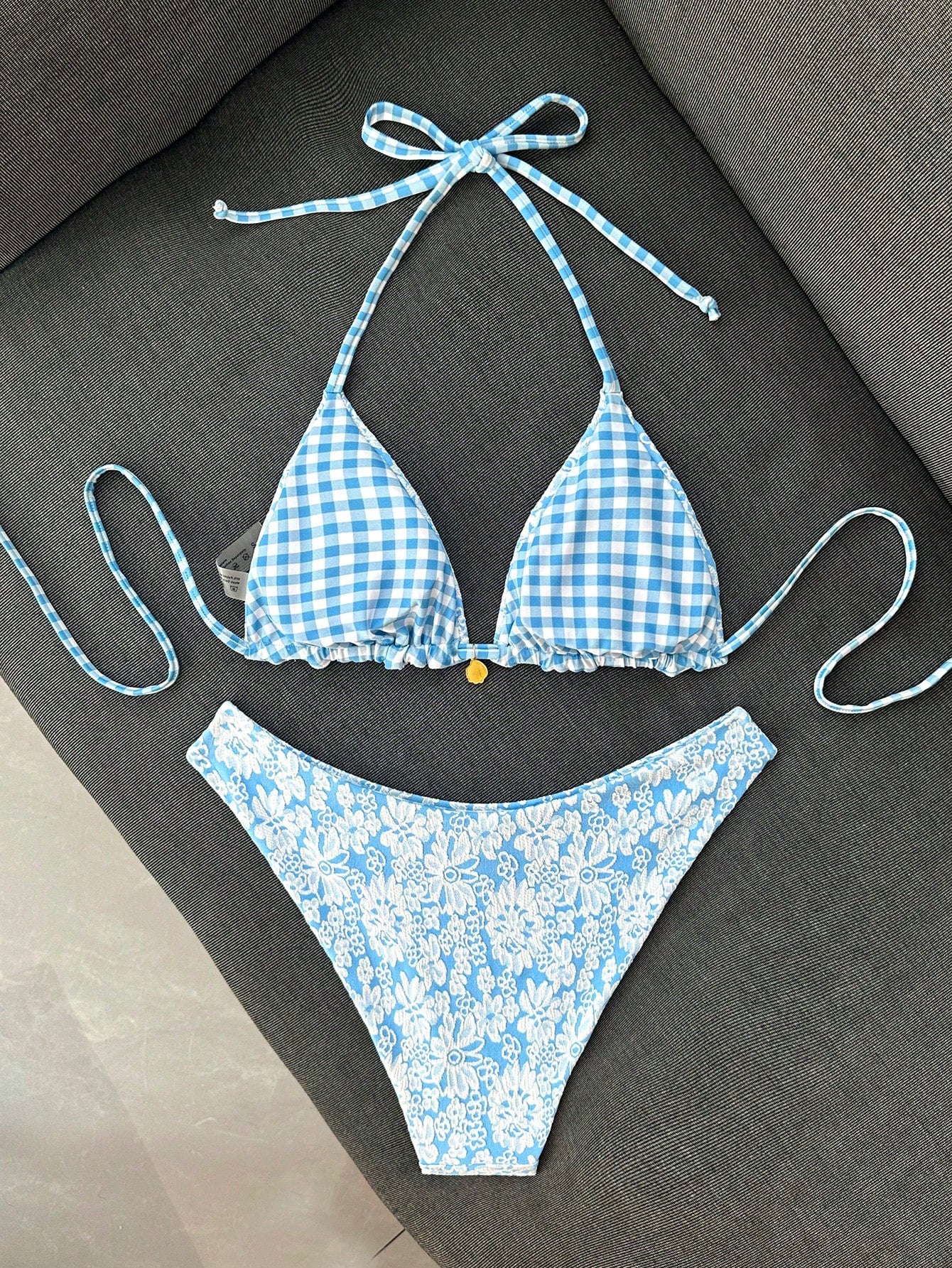 Swim Mod Women's Summer Beach Vacation Sweet Light Blue Floral And Plaid Reversible Bikini Set