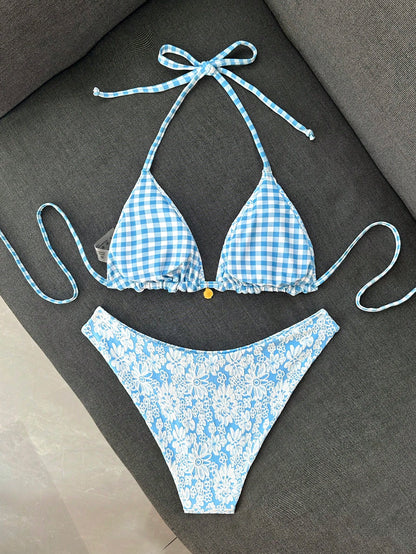 Swim Mod Women's Summer Beach Vacation Sweet Light Blue Floral And Plaid Reversible Bikini Set