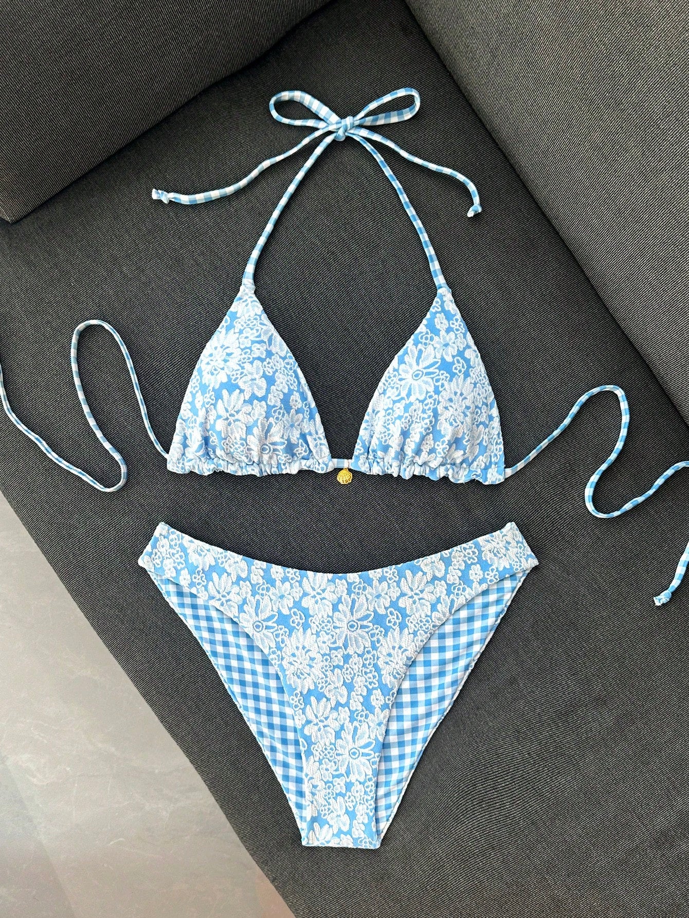 Swim Mod Women's Summer Beach Vacation Sweet Light Blue Floral And Plaid Reversible Bikini Set