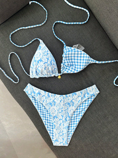 Swim Mod Women's Summer Beach Vacation Sweet Light Blue Floral And Plaid Reversible Bikini Set