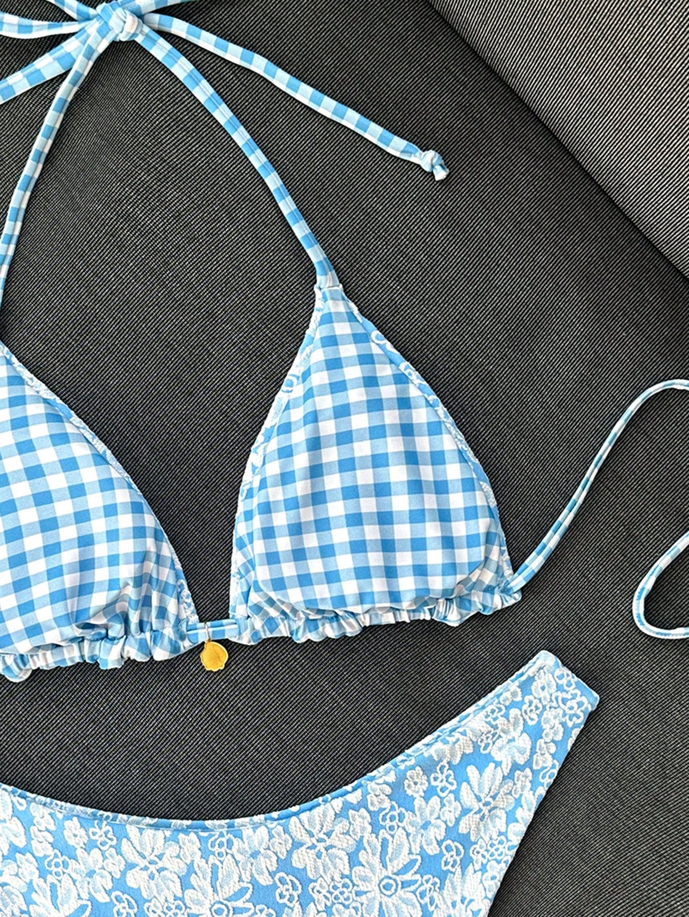 Swim Mod Women's Summer Beach Vacation Sweet Light Blue Floral And Plaid Reversible Bikini Set