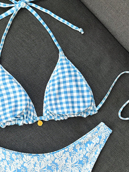 Swim Mod Women's Summer Beach Vacation Sweet Light Blue Floral And Plaid Reversible Bikini Set