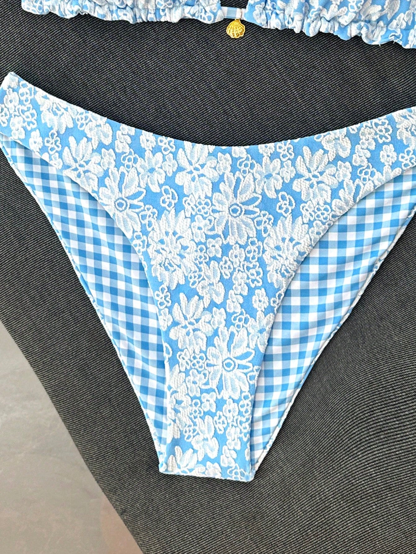 Swim Mod Women's Summer Beach Vacation Sweet Light Blue Floral And Plaid Reversible Bikini Set