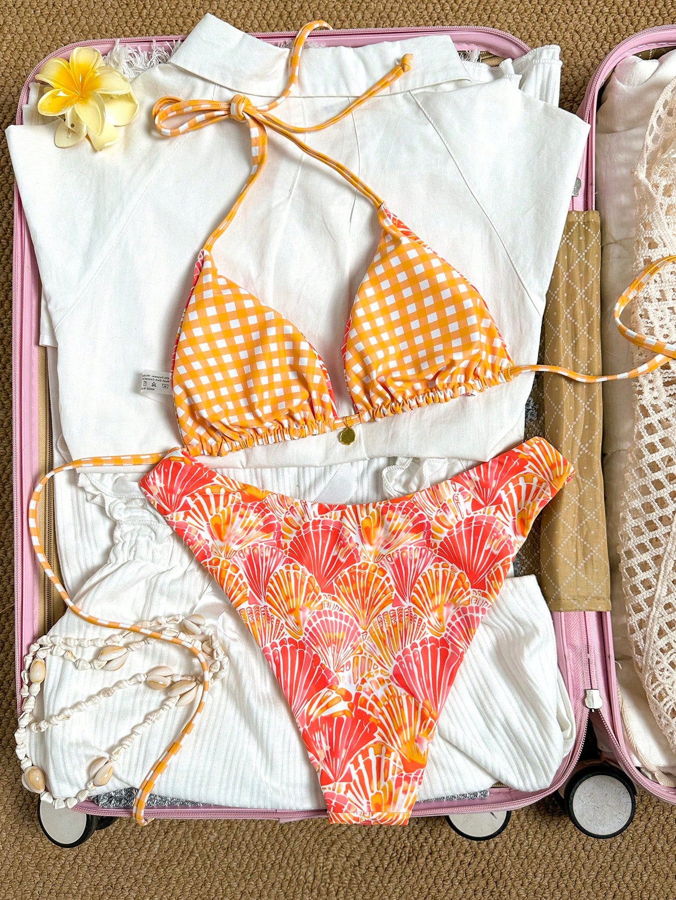 Swim Mod Women's Summer Beach Vacation Sweet Orange Shell And Plaid Print Reversible Bikini Set
