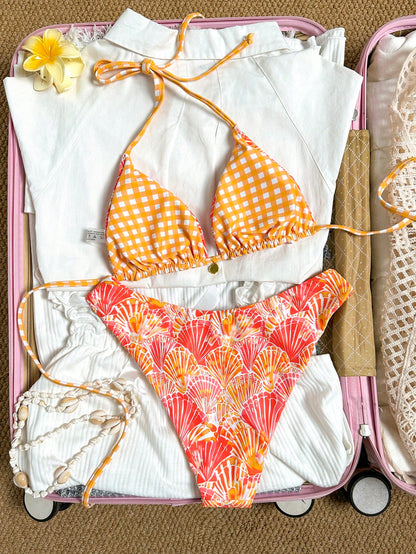 Swim Mod Women's Summer Beach Vacation Sweet Orange Shell And Plaid Print Reversible Bikini Set