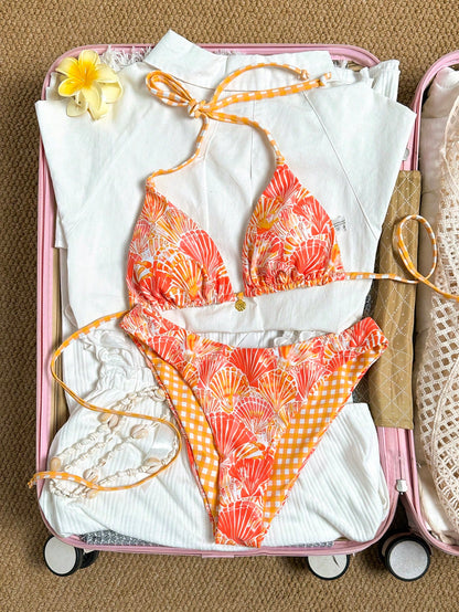 Swim Mod Women's Summer Beach Vacation Sweet Orange Shell And Plaid Print Reversible Bikini Set