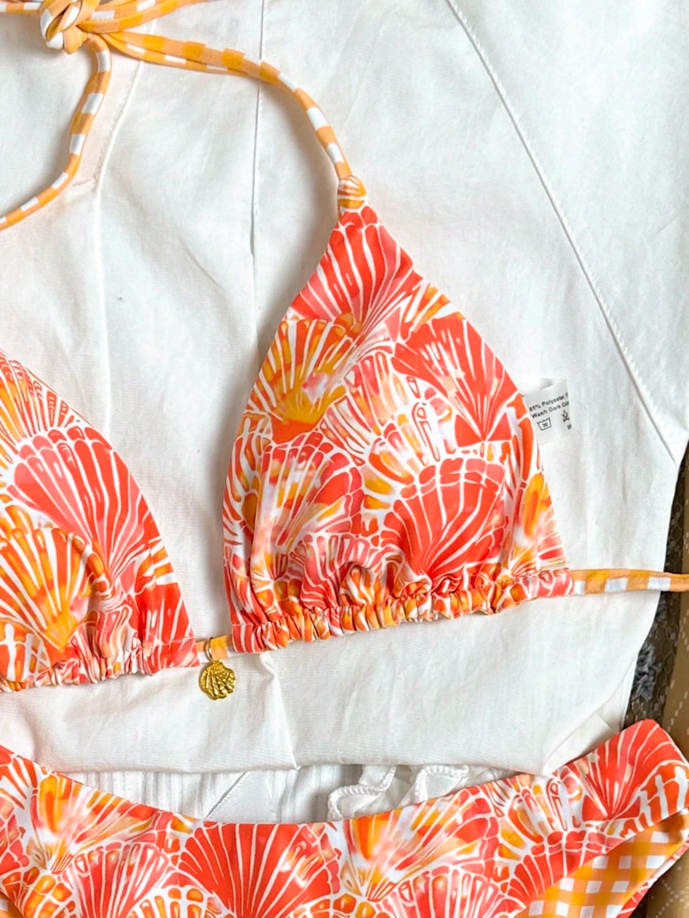 Swim Mod Women's Summer Beach Vacation Sweet Orange Shell And Plaid Print Reversible Bikini Set