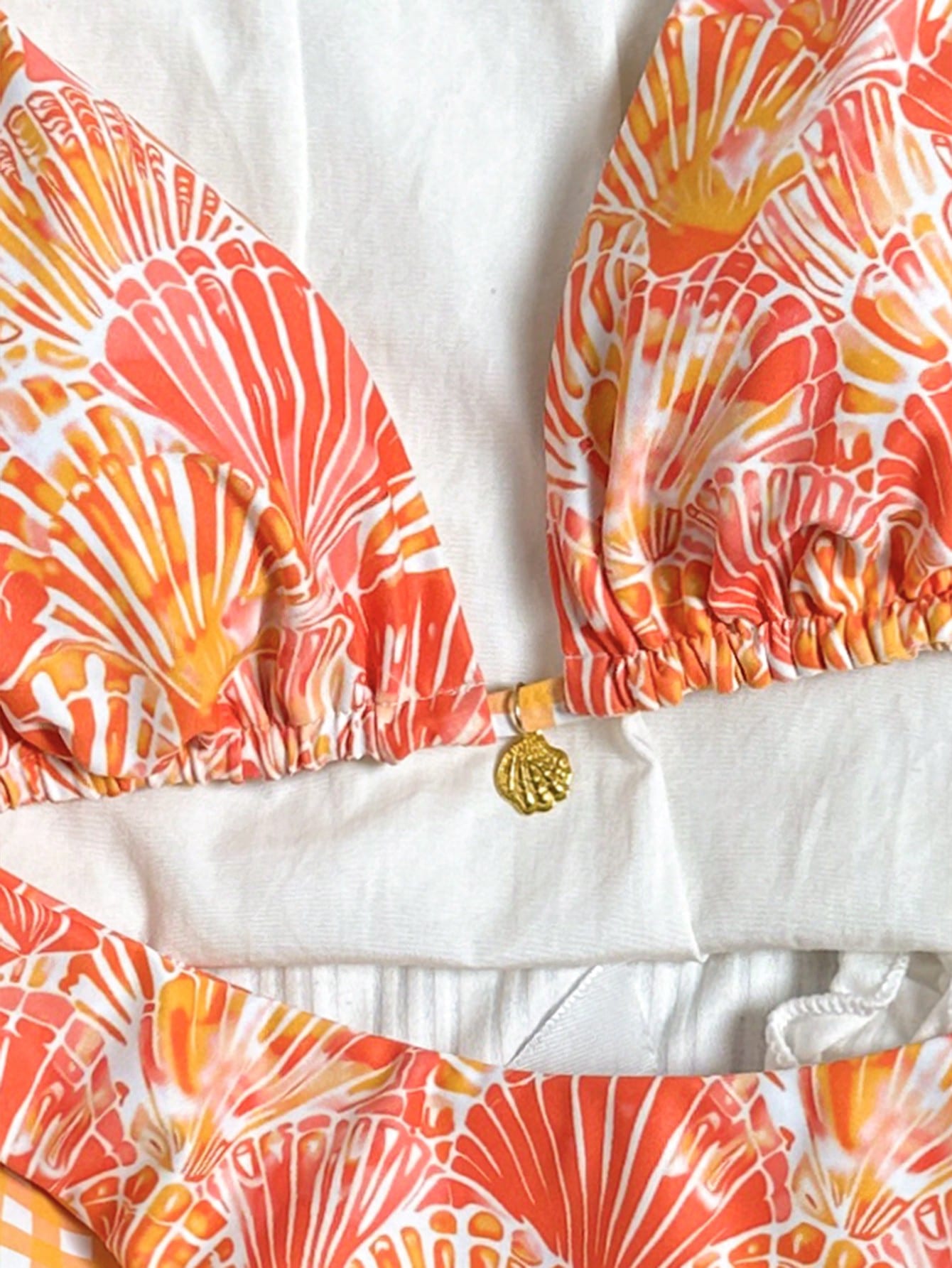 Swim Mod Women's Summer Beach Vacation Sweet Orange Shell And Plaid Print Reversible Bikini Set