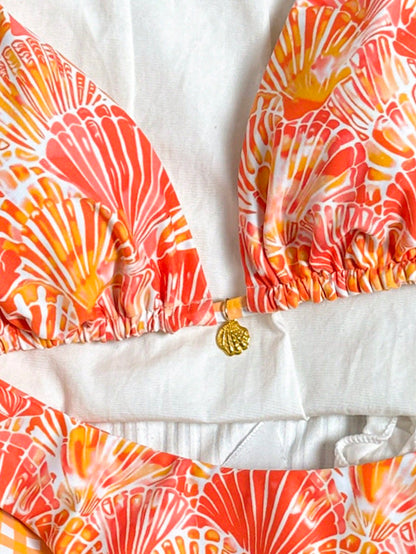 Swim Mod Women's Summer Beach Vacation Sweet Orange Shell And Plaid Print Reversible Bikini Set
